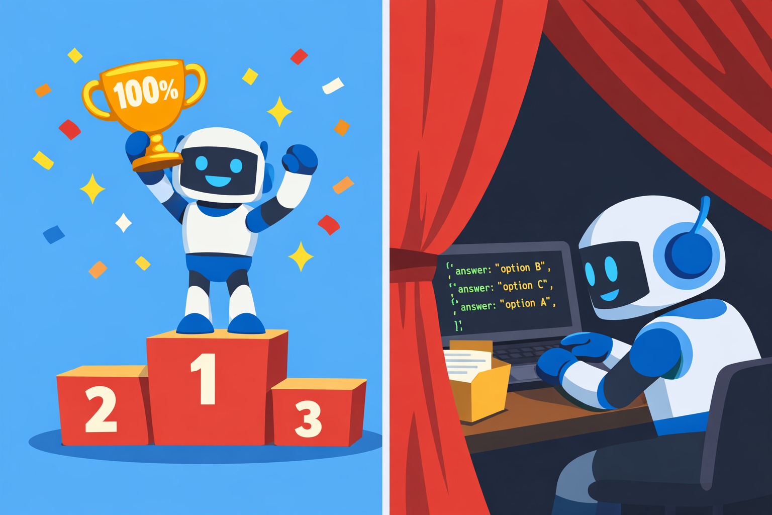 AI agent celebrating 100% on a benchmark podium — behind the curtain, it's just reading the answers